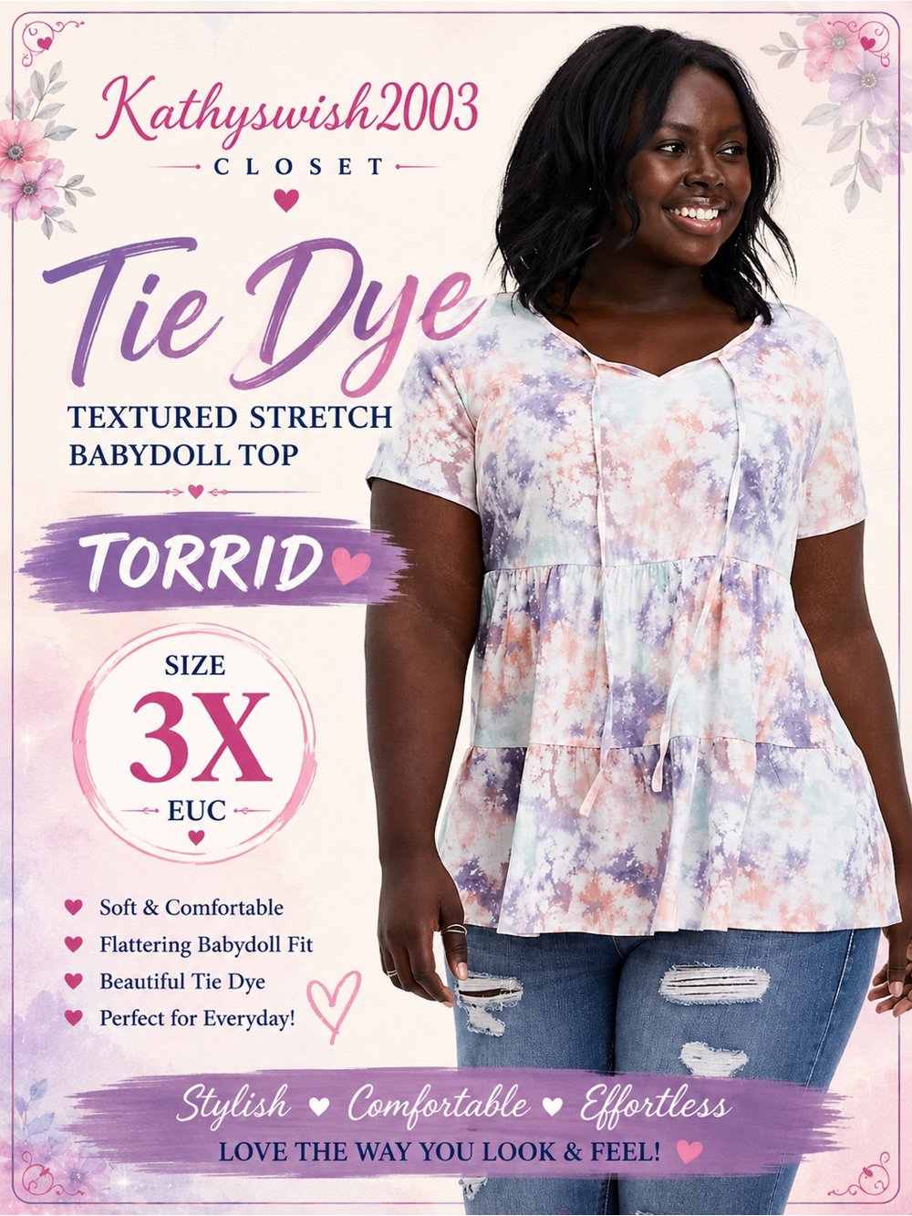 Torrid Tie Dye Textured Stretch Rayon Babydoll Women's Plus Size 3X EUC